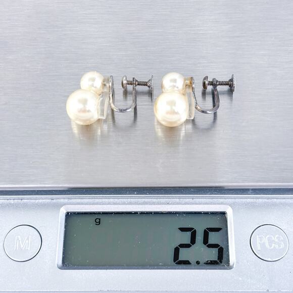 Vintage Sterling Silver 925 Faux Pearl Double Drop Screwback Earrings - Picture 7 of 8